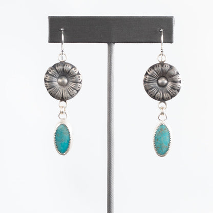 Handmade Kingman turquoise dangle earrings, fine silver bezel, sterling silver ear wires, artisan made in Vermont.
