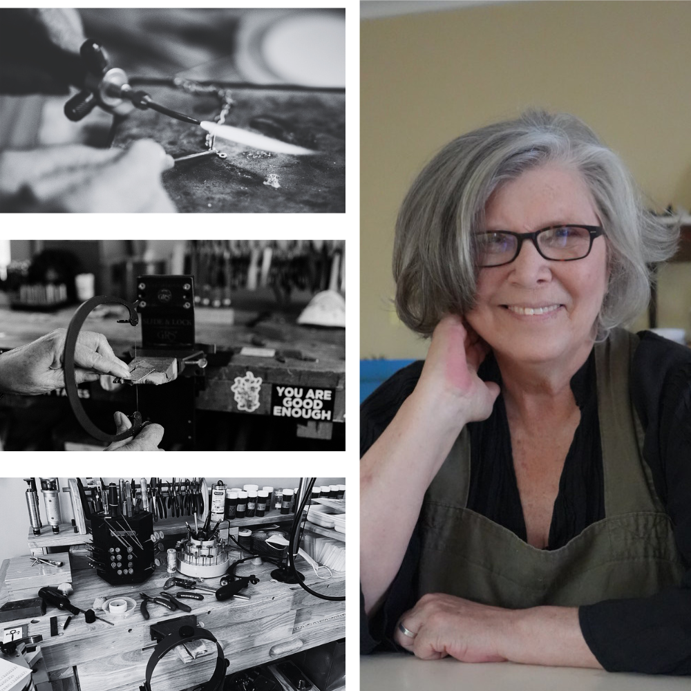 Collage of Dianne from Divella Designs working with tools, a workshop setting, and a close-up of a person wearing glasses.