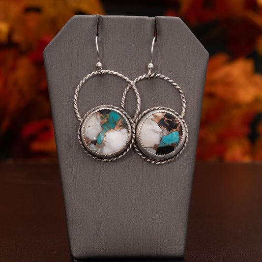 Round White Buffalo and Kingman turquoise composite earrings, fine and sterling silver, 1 3/4 inch long, handcrafted in Vermont.