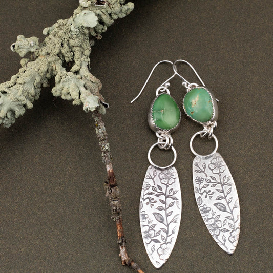 Emerald Valley turquoise botanical drop earrings with sterling silver floral patterned drops