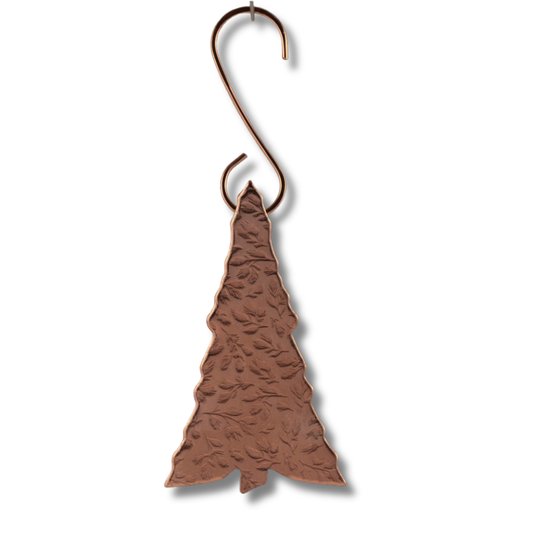 Handcrafted copper evergreen tree ornament with leaf impressions, 5-inch with hook, nature-inspired holiday decoration, handmade in Vermont