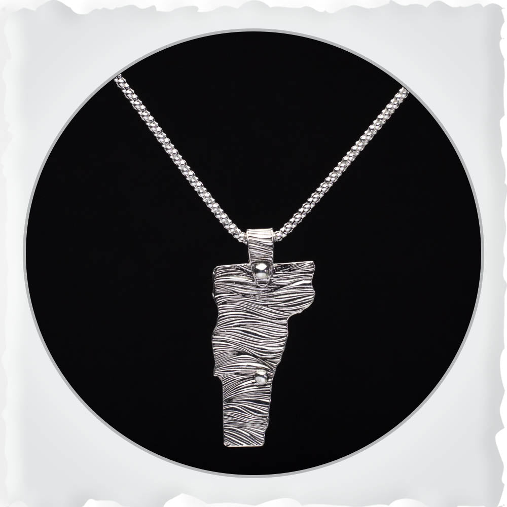 Fine silver Vermont necklace with approximately 1 1/2 inch pendant, handmade in Vermont by Divella Designs.