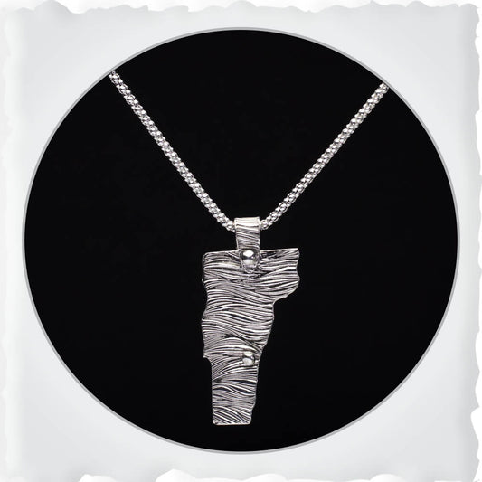Fine silver Vermont necklace with approximately 1 1/2 inch pendant, handmade in Vermont by Divella Designs.