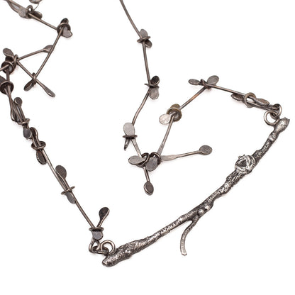 Handmade sterling silver branch necklace with fused textures and custom paddle link chain, woodland nature jewelry,
