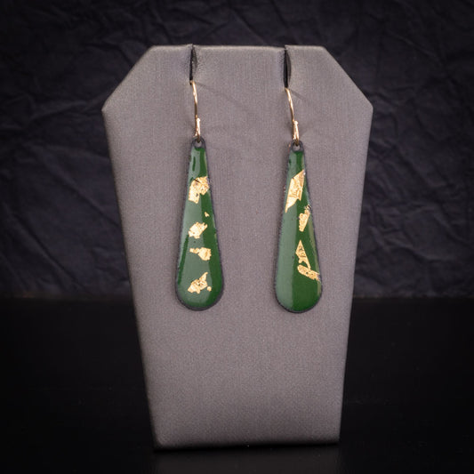 Green enamel teardrop earrings with 24k gold leaf accents and 14k gold-filled ear wires, handcrafted artisan jewelry.