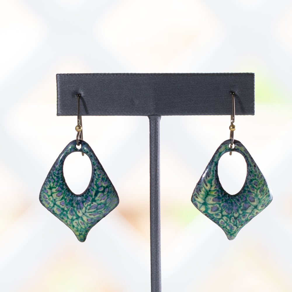 Green enamel diamond drop earrings with lavender lichen-inspired patterning and hypoallergenic niobium ear wires, handmade by Divella Designs.