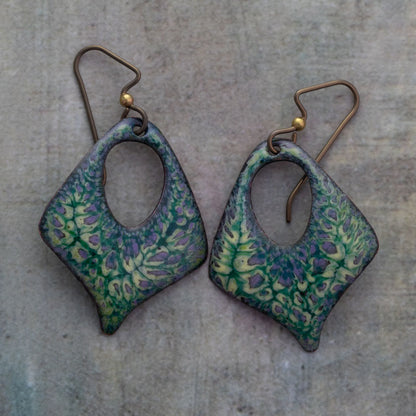 Lichen Field enameled earrings in earthy green and lavender tones with organic diamond shapes and teardrop cutouts with hypoallergenic niobium ear wires, handmade artisan jewelry.