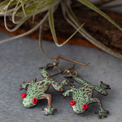 Colorful kiln-fired enamel tree frog earrings on copper with niobium ear wires, handmade in Vermont by Divella Designs.