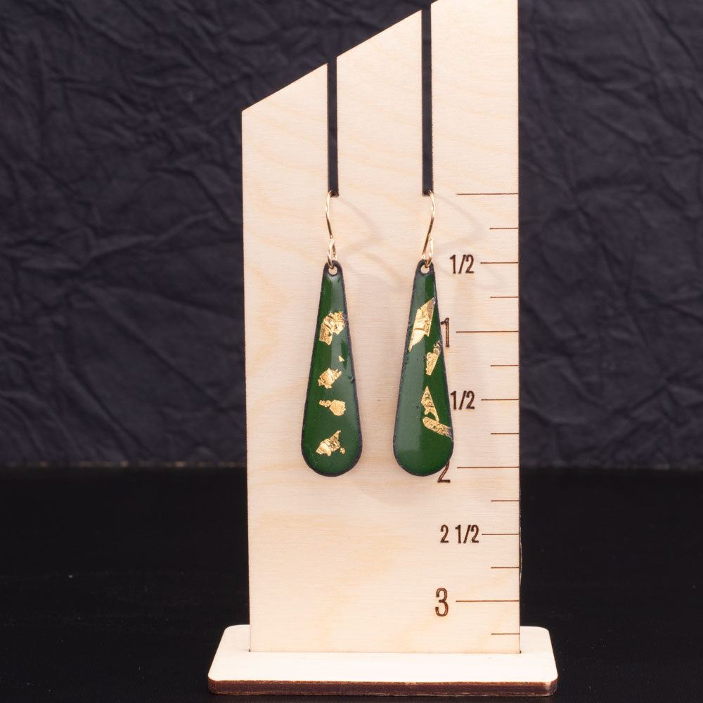 Green and gold enamel teardrop earrings shown for scale with gold-filled ear wires.