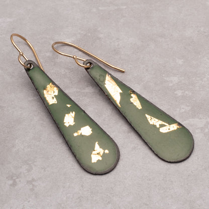 Green and gold enamel teardrop earrings with 24k gold fired into the enamel and gold-filled ear wires, handmade by Divella Designs.