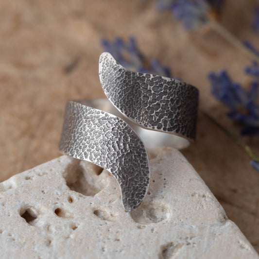handmade hammered silver wrap ring oxidized texture detail