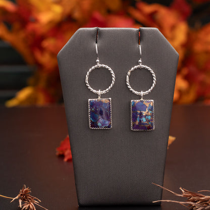 Rectangular Purple Mohave turquoise earrings, sterling silver twisted hoops, fine silver bezels, 1 3/4 inch long, handmade Vermont jewelry.