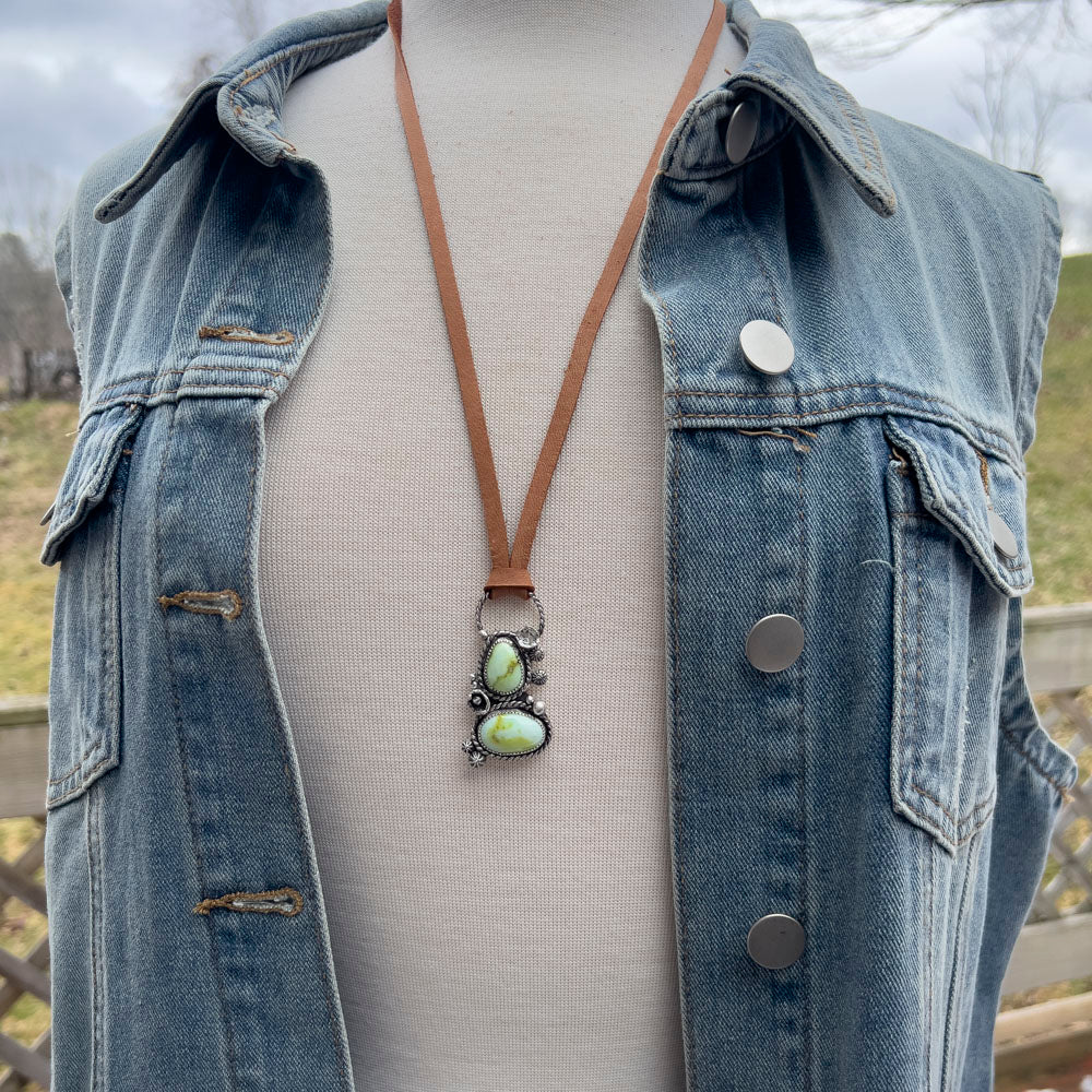 double variscite pendant in sterling silver with organic textured details on adjustable leather cord, handmade Vermont jewelry