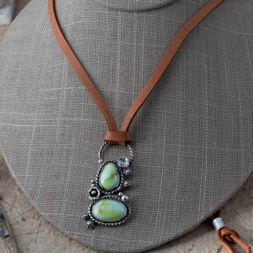 double variscite pendant in sterling silver with organic textured details on adjustable leather cord, handmade Vermont jewelry