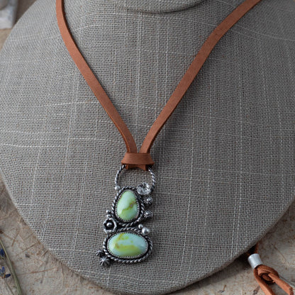 double variscite pendant in sterling silver with organic textured details on adjustable leather cord, handmade Vermont jewelry