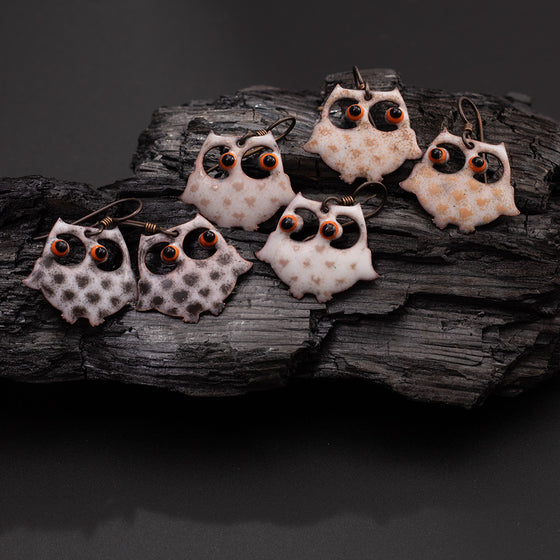 Enameled Copper Owl Earrings