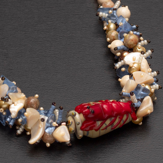 lobster lampwork, blue quartz, pearl necklace