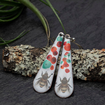 Enamel bee earrings with floral splatter and sterling silver ear wires