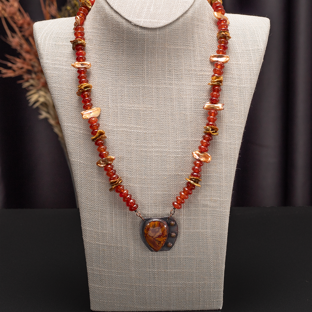 Lavic jasper, carnelian, baroque pearl, and citrine necklace with oxidized sterling silver setting, handmade in Vermont by Divella Designs.