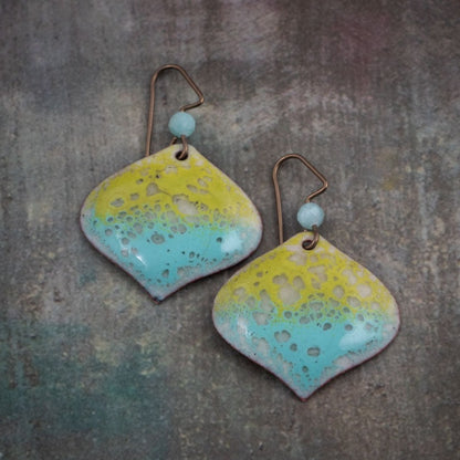 Bright lemon yellow and aqua blue enamel earrings with organic speckled texture, accented by Amazonite beads and niobium ear wires — handcrafted artisan jewelry inspired by summer waves.