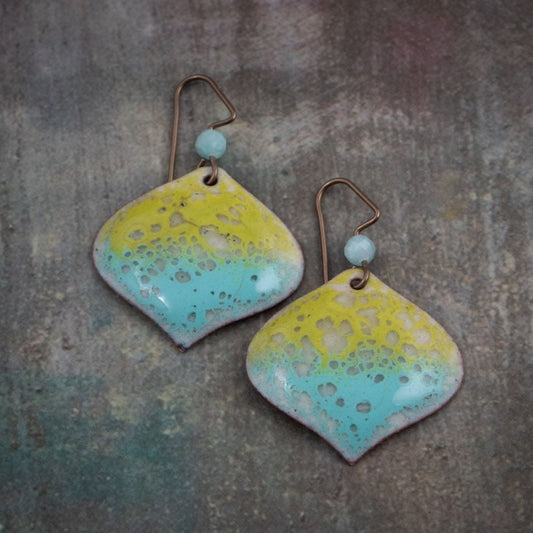 Bright lemon yellow and aqua blue enamel earrings with organic speckled texture, accented by Amazonite beads and niobium ear wires — handcrafted artisan jewelry inspired by summer waves.