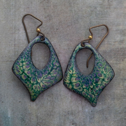 Lichen Field enameled earrings in earthy green and lavender tones with organic diamond shapes and teardrop cutouts with hypoallergenic niobium ear wires, handmade artisan jewelry.