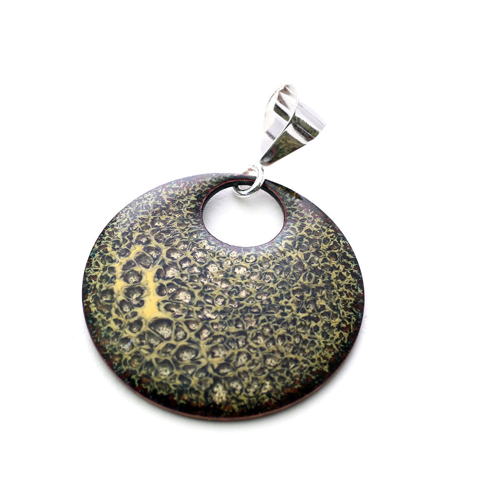 Textured lichen-inspired enamel pendant with sterling silver bail