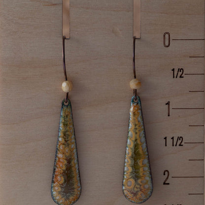 enamel teardrop earrings shown on measurement board approximately 2.75 inch drop handmade artisan jewelry