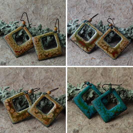Collage of square earrings with textured surfaces on a textured background