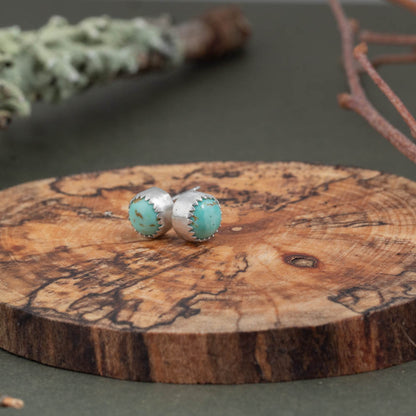 Turquoise stud earrings on a wooden surface with natural elements in the background