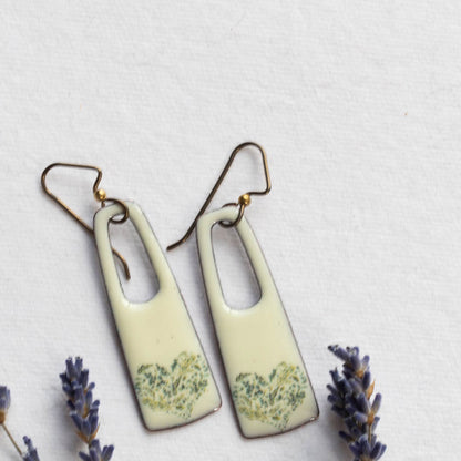 Light green rectangular enamel earrings with botanical heart detail, handmade in Vermont by Divella Designs