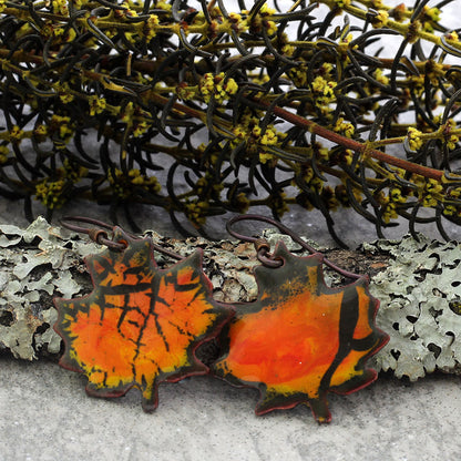 Colorful enamel maple leaf earrings with niobium ear wires