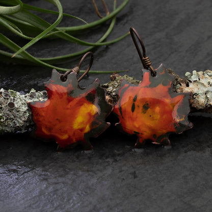 Colorful enamel maple leaf earrings with niobium ear wires