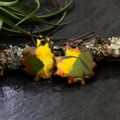 Colorful enamel maple leaf earrings with niobium ear wires