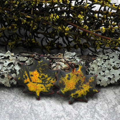 Colorful enamel maple leaf earrings with niobium ear wires