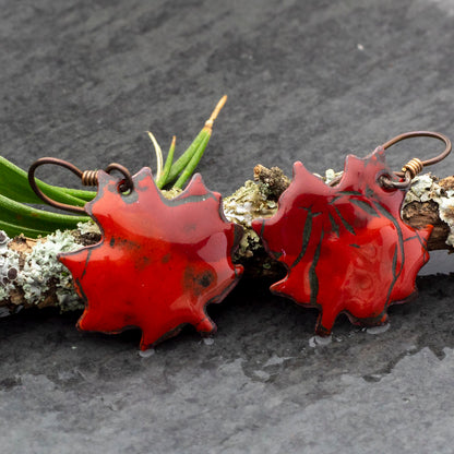 Colorful enamel maple leaf earrings with niobium ear wires