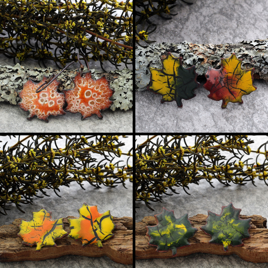 Enamel maple leaf stud earrings in assorted fall colors