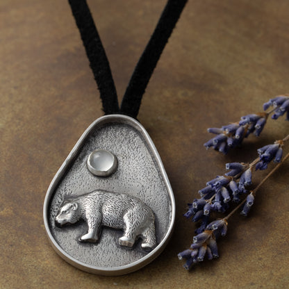 Sterling silver bear and moonstone pendant necklace on black leather lace with lavender
