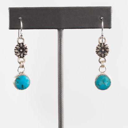 Kingman turquoise and sterling silver drop earrings with flower details, 1 3/4 inch long, handcrafted Vermont jewelry.