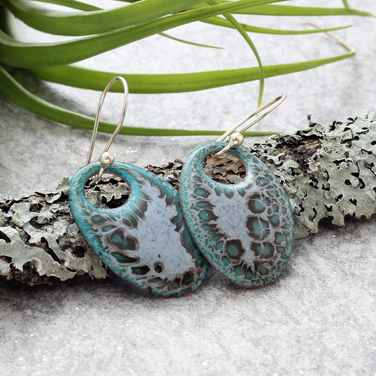Handmade enamel teardrop dangle earrings in turquoise and white, nature-inspired jewelry on copper with sterling silver ear wires
