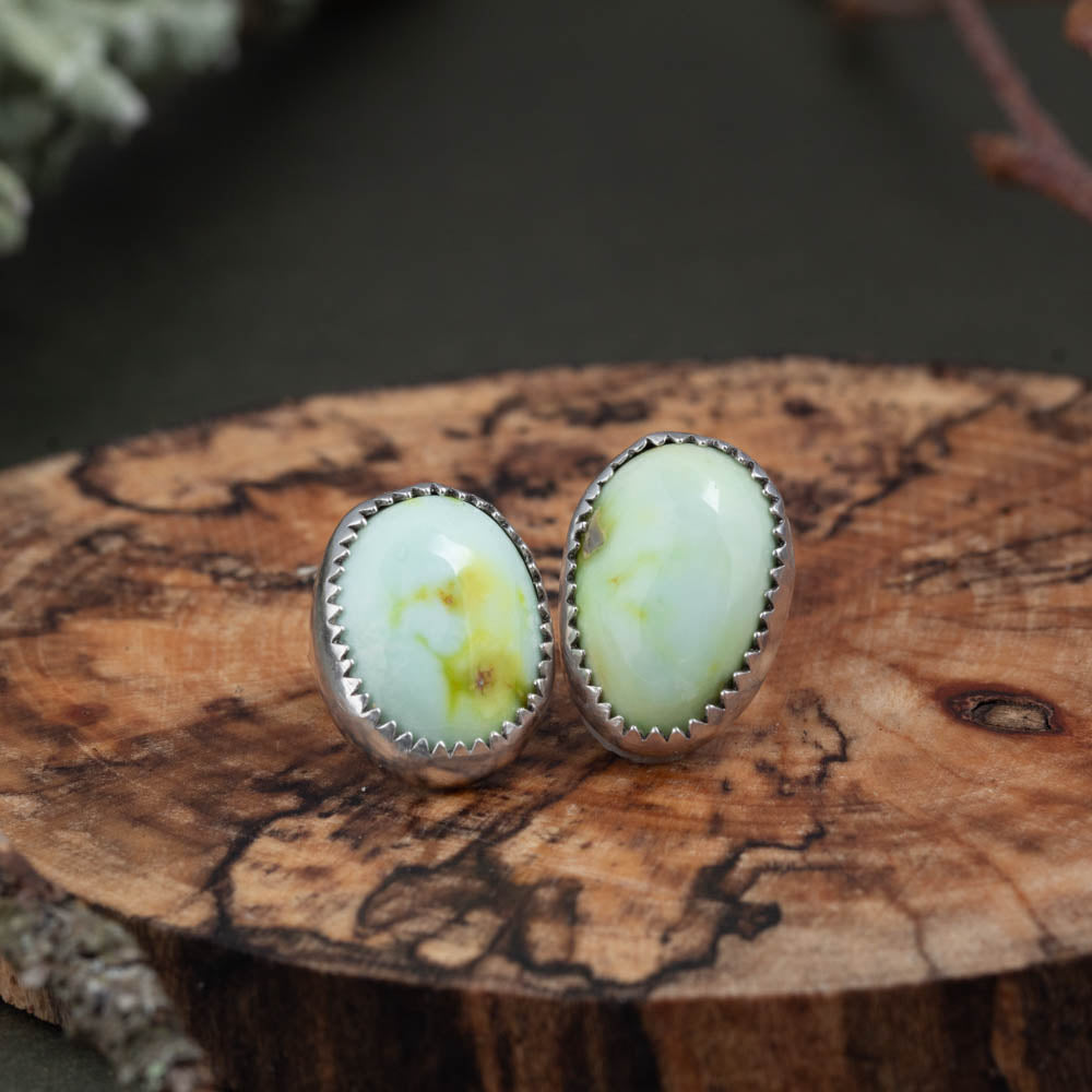 Handmade oval variscite studs on wood background