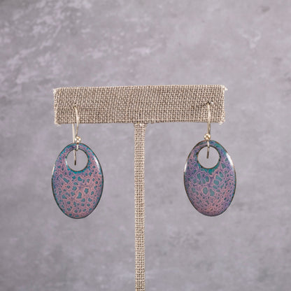 Handmade enamel teardrop dangle earrings in pink and blue, lichen-inspired jewelry on copper with sterling silver ear wires