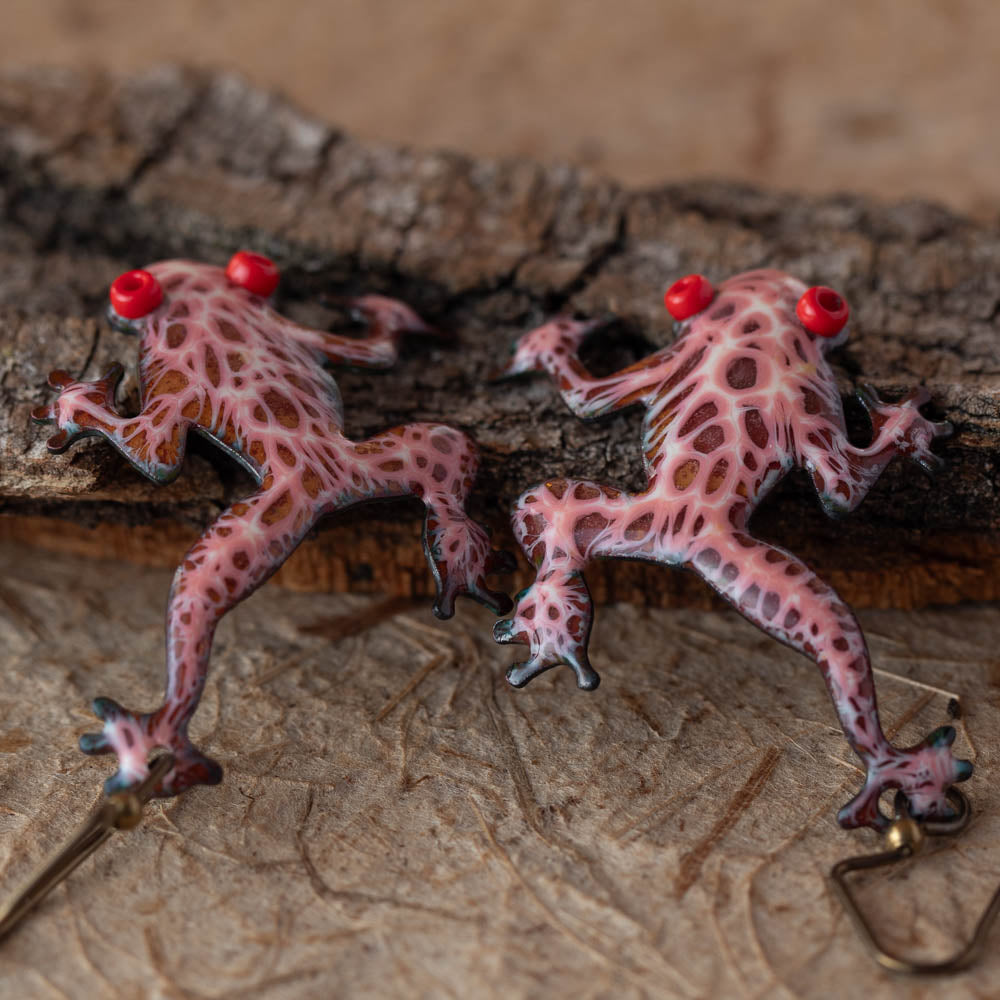 Colorful kiln-fired enamel tree frog earrings on copper with niobium ear wires, handmade in Vermont by Divella Designs.