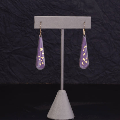 Purple enamel teardrop earrings with 24k gold leaf accents and 14k gold-filled ear wires, handmade artisan jewelry.