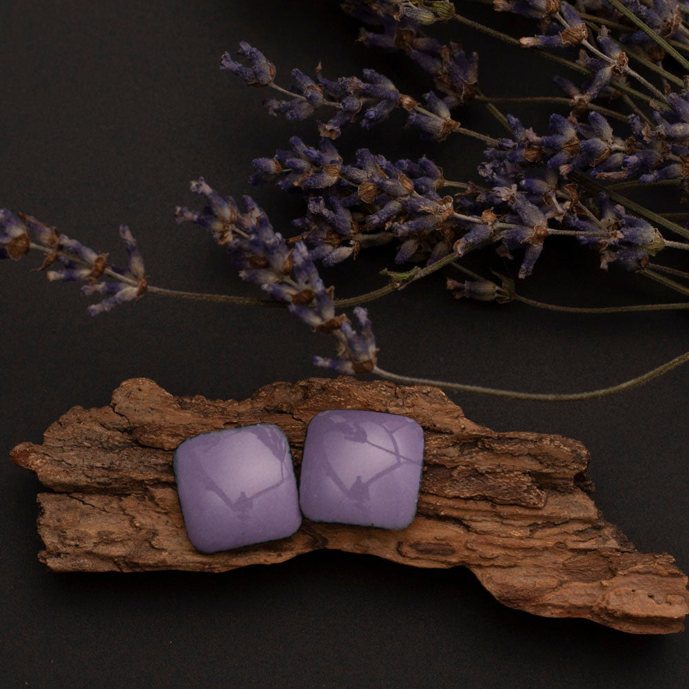 Purple enamel square stud earrings handmade in Vermont.