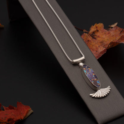 Purple Mohave turquoise composite necklace with bronze matrix, sterling silver setting, 2 inch pendant, and 18 inch chain by Divella Designs.