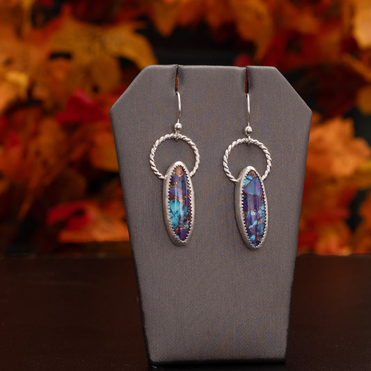Handmade Purple Mohave and Kingman turquoise earrings with bronze matrix, fine and sterling silver, artisan crafted in Vermont.