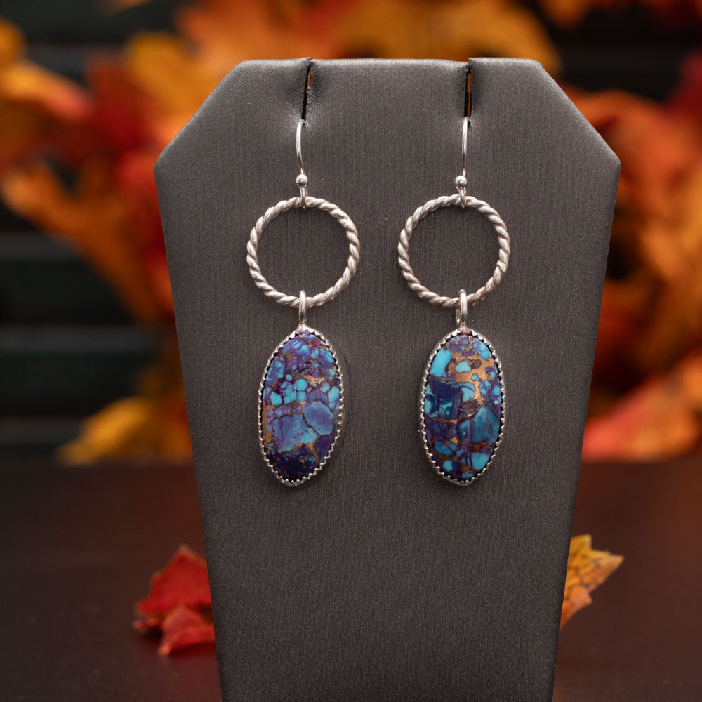 Purple Mohave turquoise sterling silver earrings with bronze matrix, fine silver settings, textured hoops, and sterling silver ear wires, handmade by Divella Designs.
