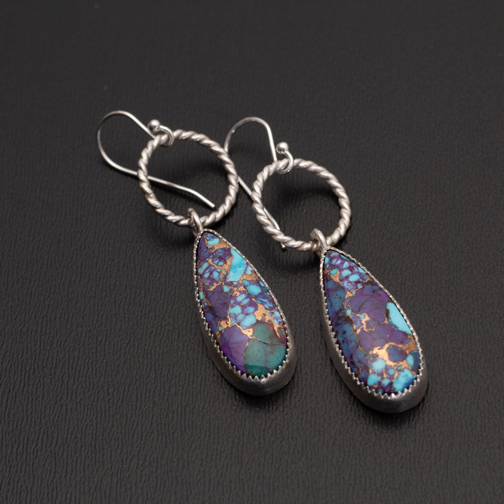 Purple Mohave and Kingman turquoise elongated oval earrings with bronze matrix, fine silver bezel, sterling silver twisted hoops, handmade in Vermont.