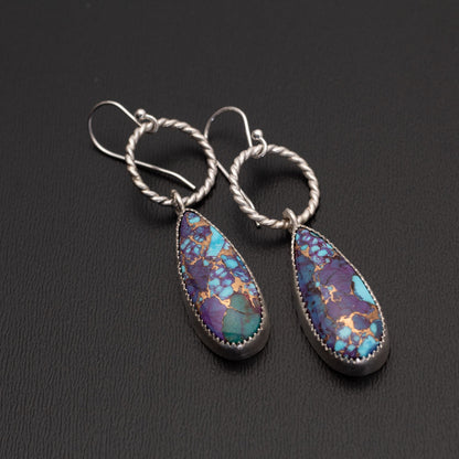 Purple Mohave and Kingman turquoise elongated oval earrings with bronze matrix, fine silver bezel, sterling silver twisted hoops, handmade in Vermont.